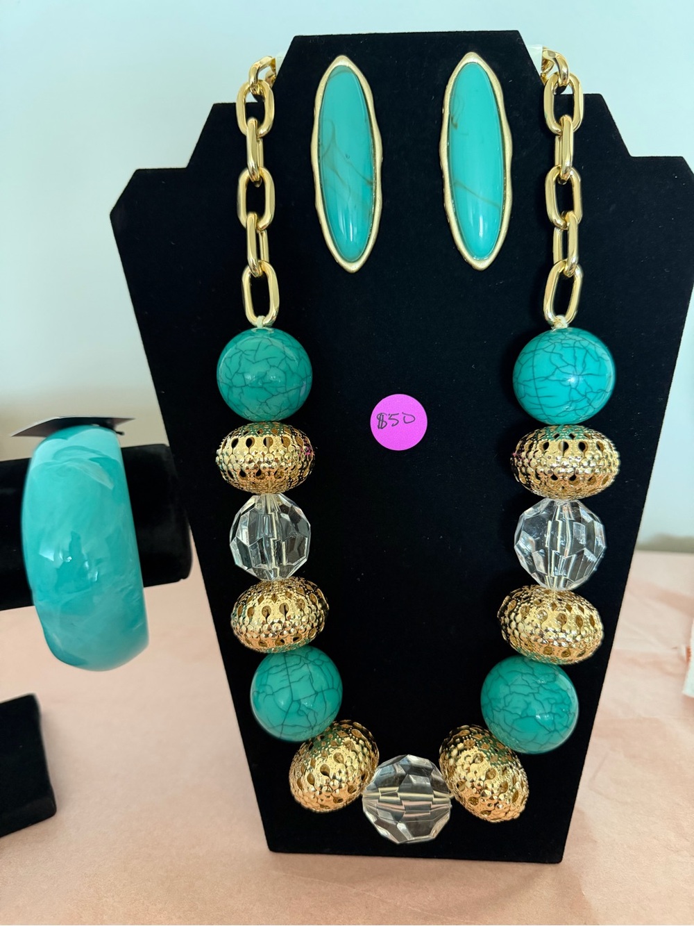 Turquoise & Gold Statement Necklace and Earring Set